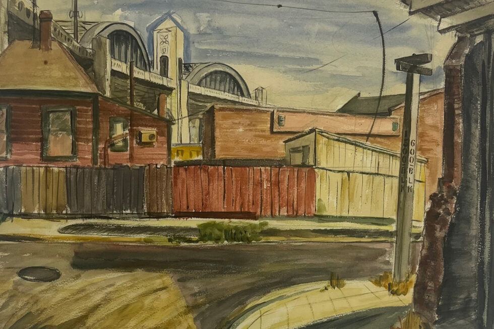 Painting of historic buildings in the Pacific Northwest